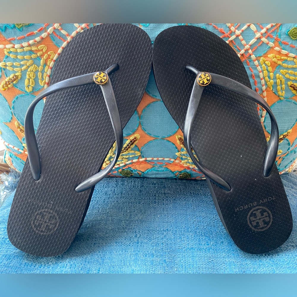 Tory Burch Black Wedge Sandals with Gold Logo